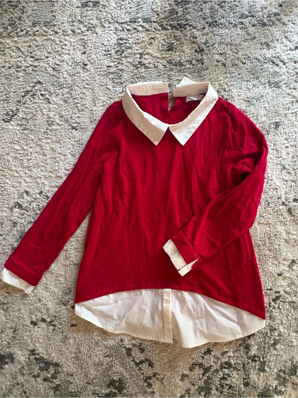Red Layered Sweater with White shirtCollar and Hem